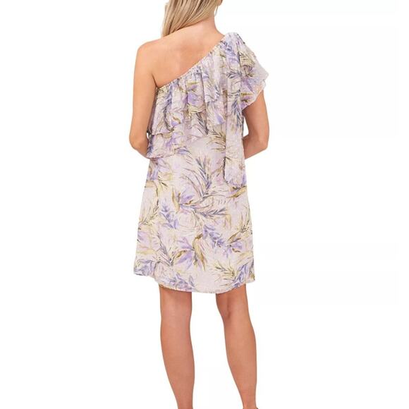 NEW Cece Purple One Shoulder Baja Palm Print Ruffle Neck Shift Dress Size Large - Picture 2 of 10